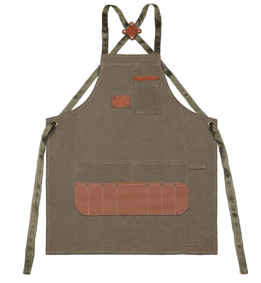 Cross Back Heavy-Duty Craftsman's Apron with faux leather Pockets and X-Back Straps